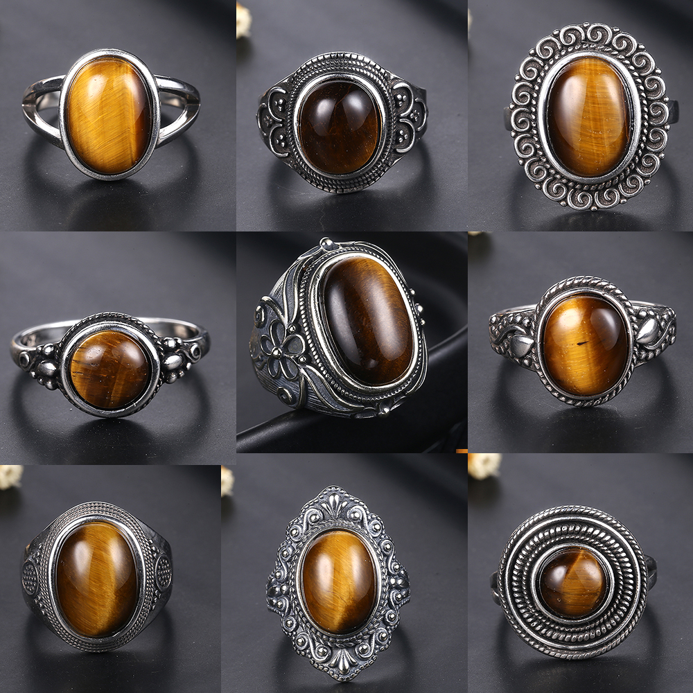 Vintage Fashion Look - Natural Tiger Eye Gemstone Rings,Vintage Silver