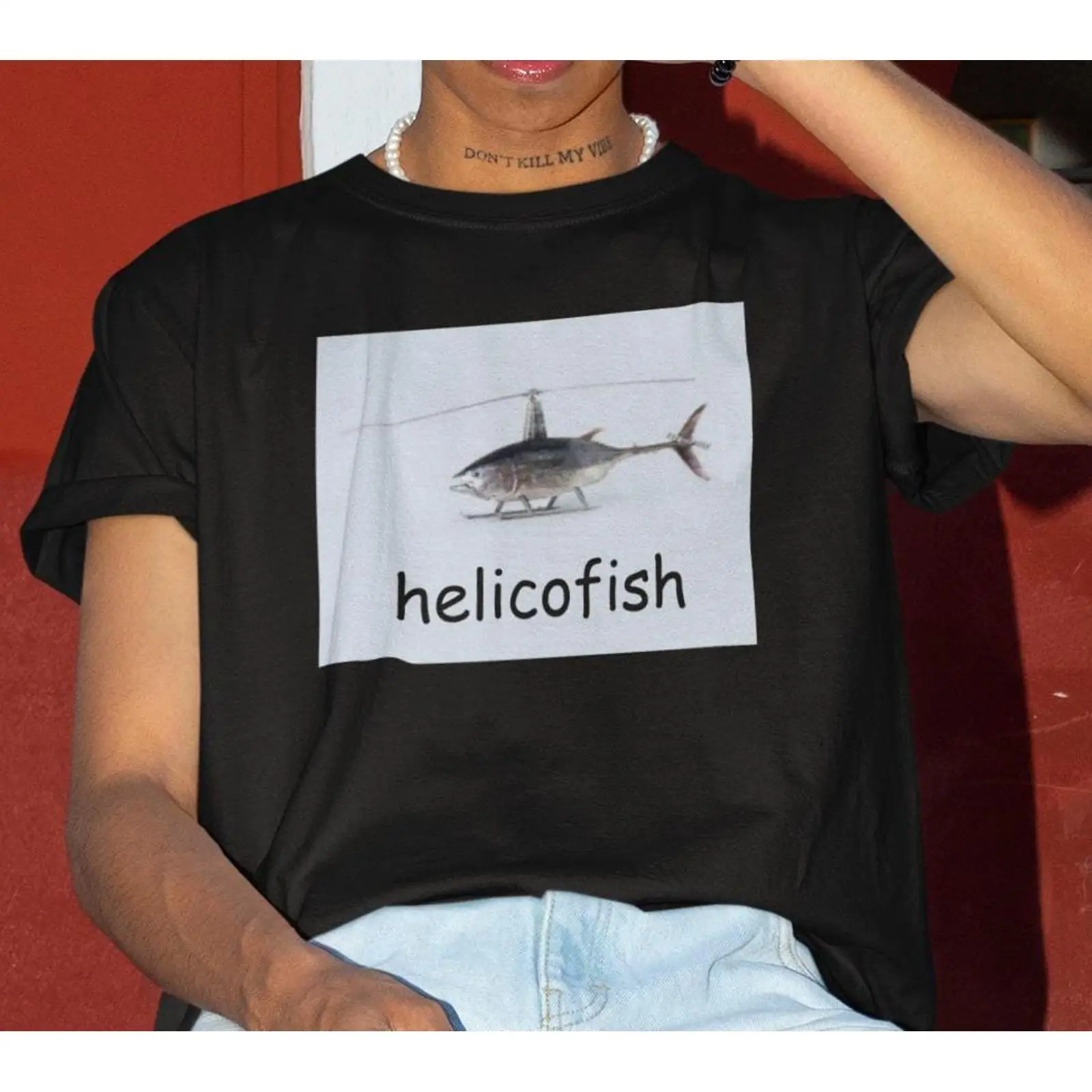 Helicofish Funny Meme T Shirt  - Vintage Fashion Gen Z avaliação e preço