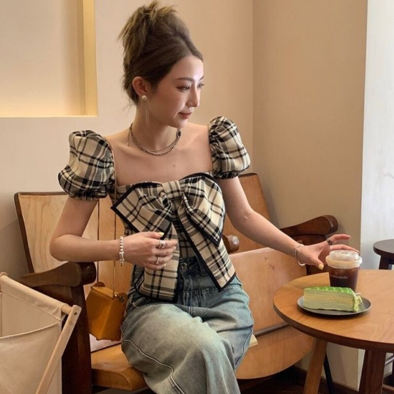 Plaid Blouses Women Y2k Summer - Vintage Fashion Club avaliação e preço