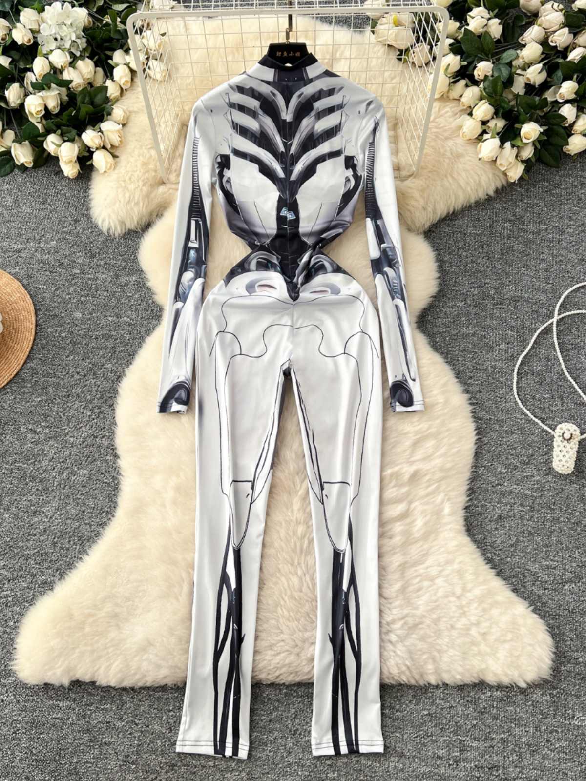 Women's Grey Print Jumpsuits V - Vintage Fashion Club avaliação e preço