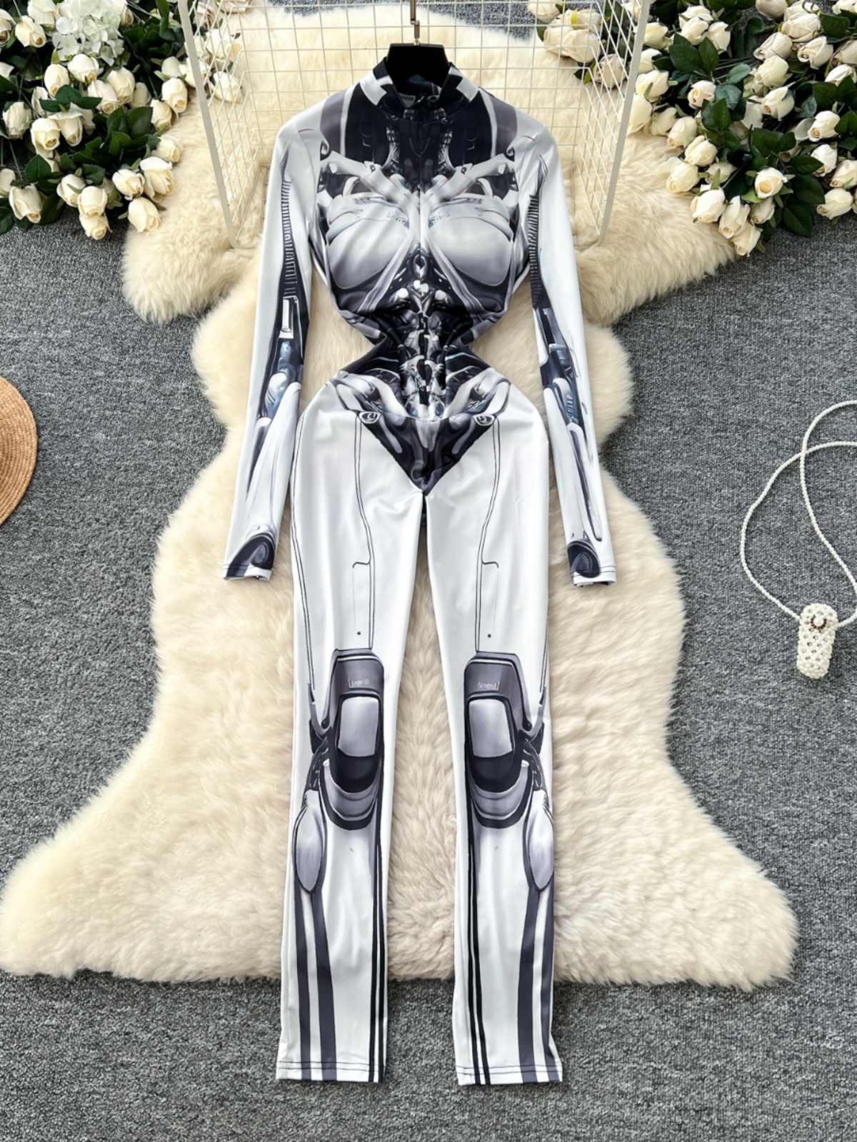 Women's Grey Print Jumpsuits V - Vintage Fashion Club avaliação e preço