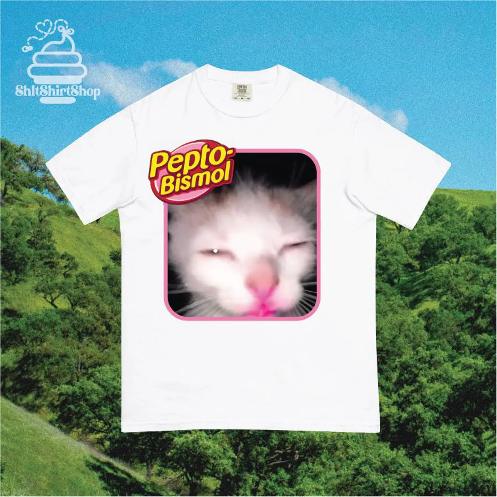 Pepto Bismol Meme Cat T Shirt  - Vintage Fashion Gen Z avaliação e preço